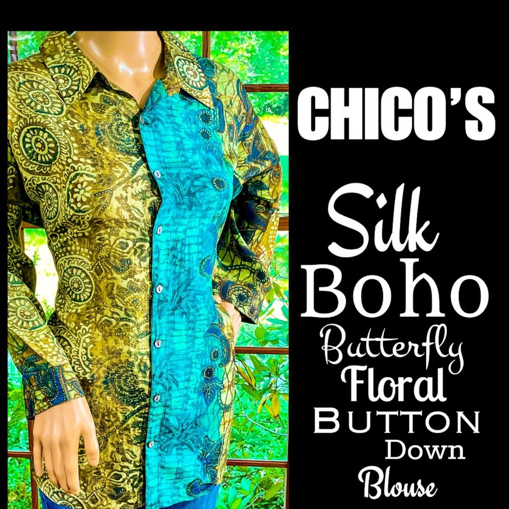 ⭐️HP⭐️CHICO'S▪️Silk Boho Butterfly Floral Mosaic Button Down Blouse